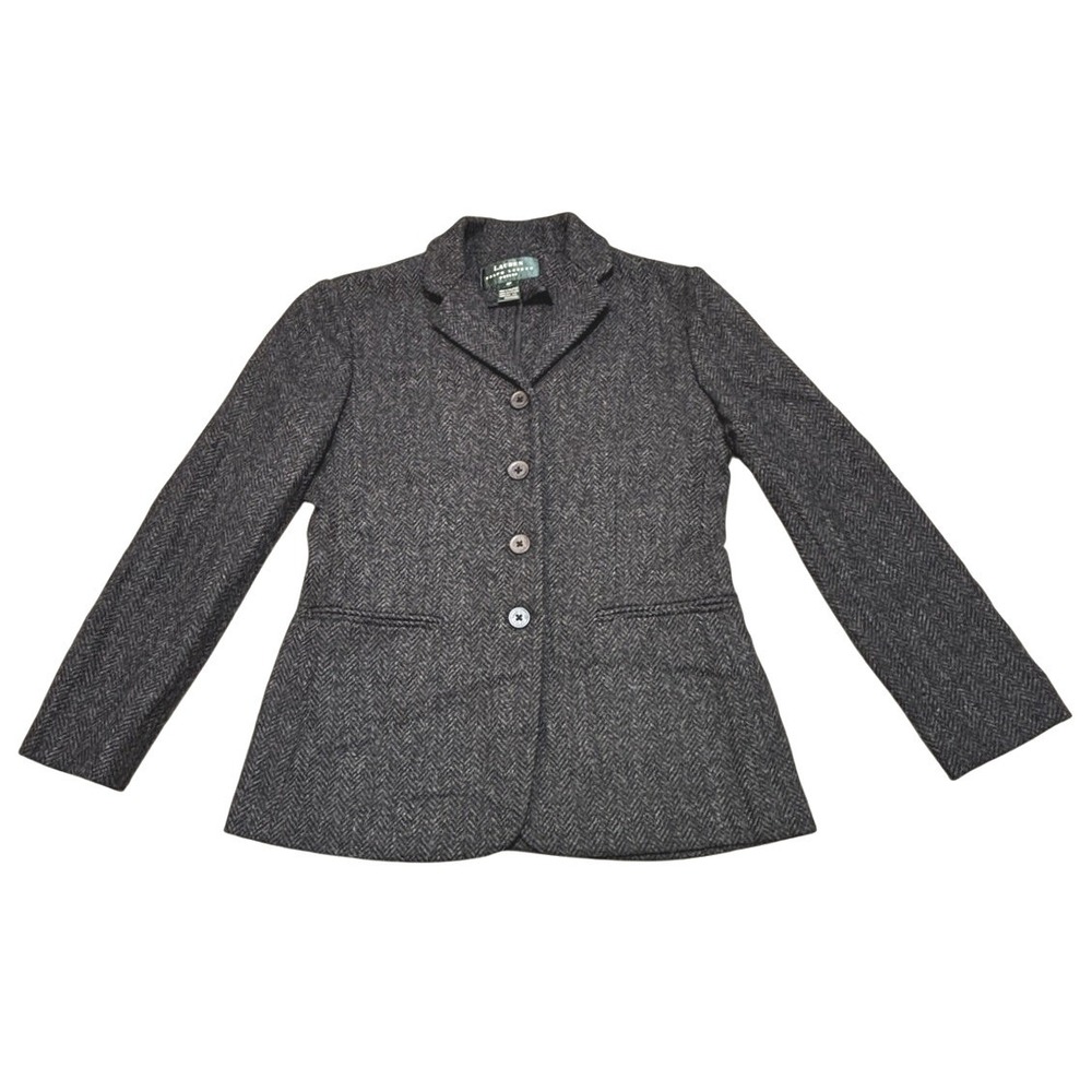 Lauren Ralph Lauren 100% Lambswool Herringbone Blazer Charcoal Grey Petite 4P